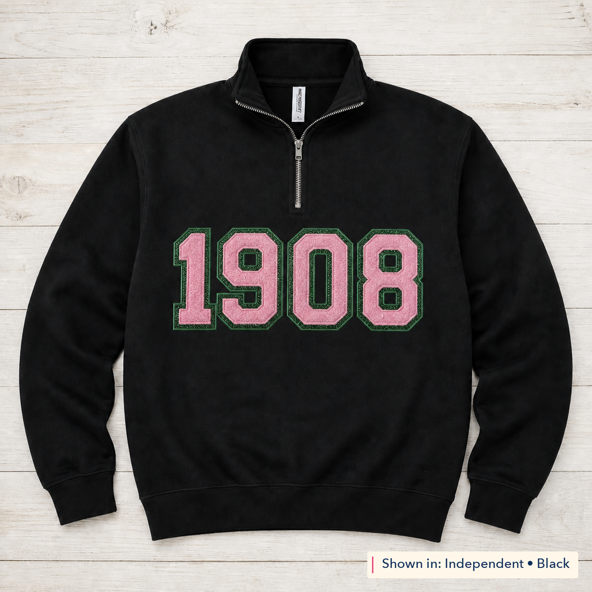 Faux Chenille & Glitter Lettering Quarter-Zip. Shown in: Independent • Black.