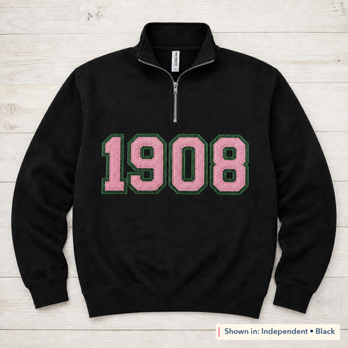 Faux Chenille & Glitter Lettering Quarter-Zip. Shown in: Independent • Black.