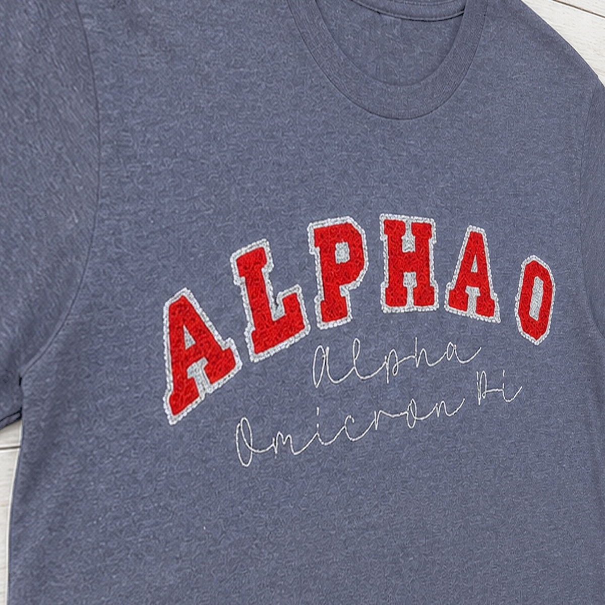 Arched Varsity Lettering Tee. Shown in: Gildan • Heather Navy.