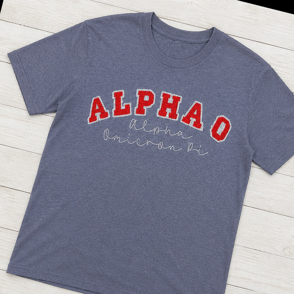 Arched Varsity Lettering Tee. Shown in: Gildan • Heather Navy.