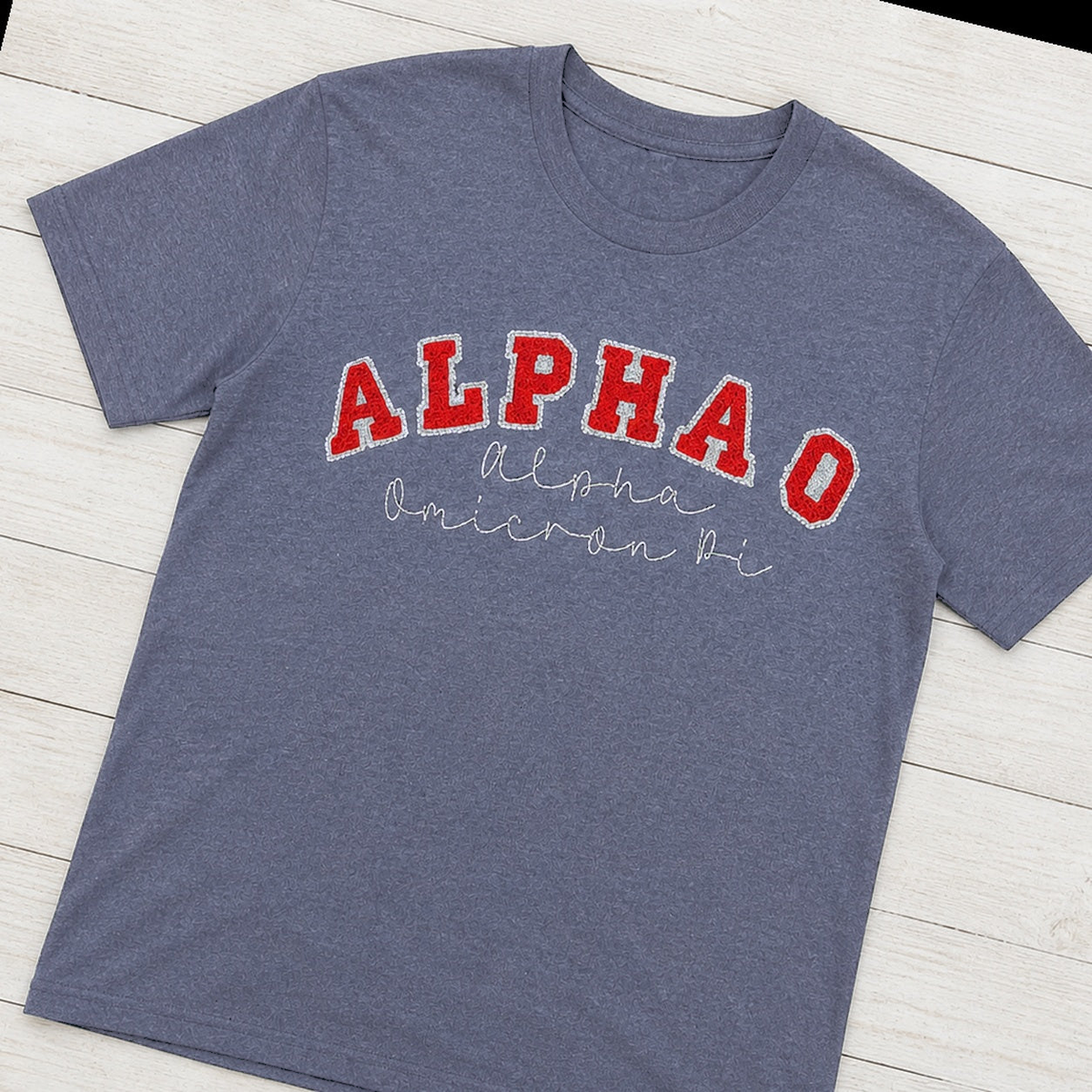 Arched Varsity Lettering Tee. Shown in: Gildan • Heather Navy.
