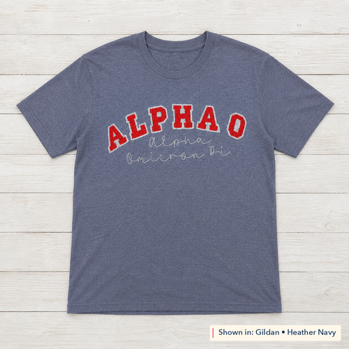 Arched Varsity Lettering Tee. Shown in: Gildan • Heather Navy.