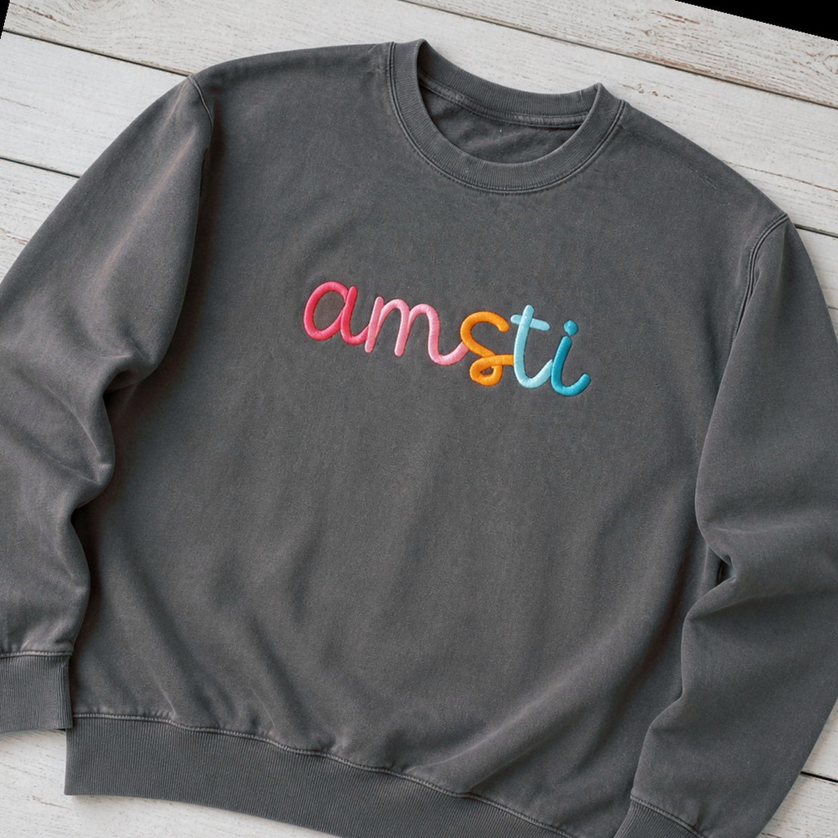 Rainbow 3D Puff Script Embroidery Sweatshirt. Shown in: Comfort Colors • Pepper.