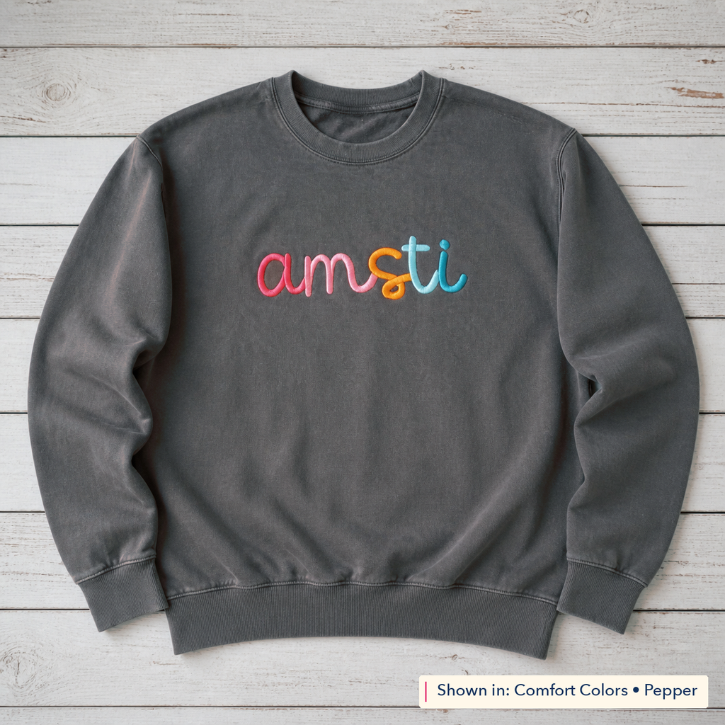 Rainbow 3D Puff Script Embroidery Sweatshirt. Shown in: Comfort Colors • Pepper.