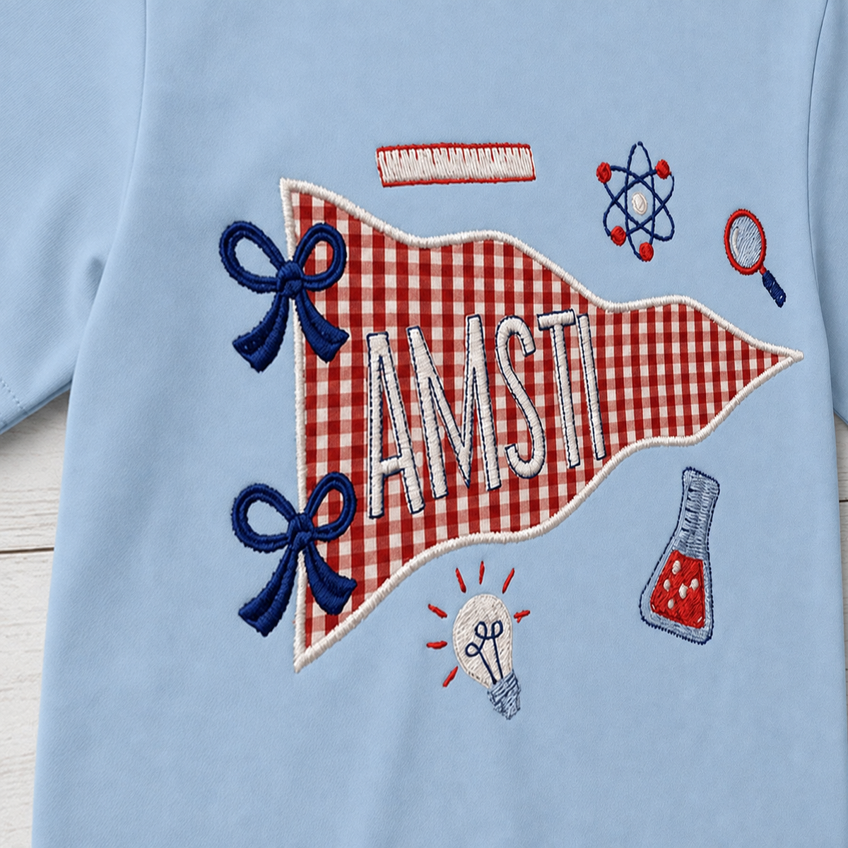 Gingham Science Pennant Tee. Shown in: Gildan • Light Blue.