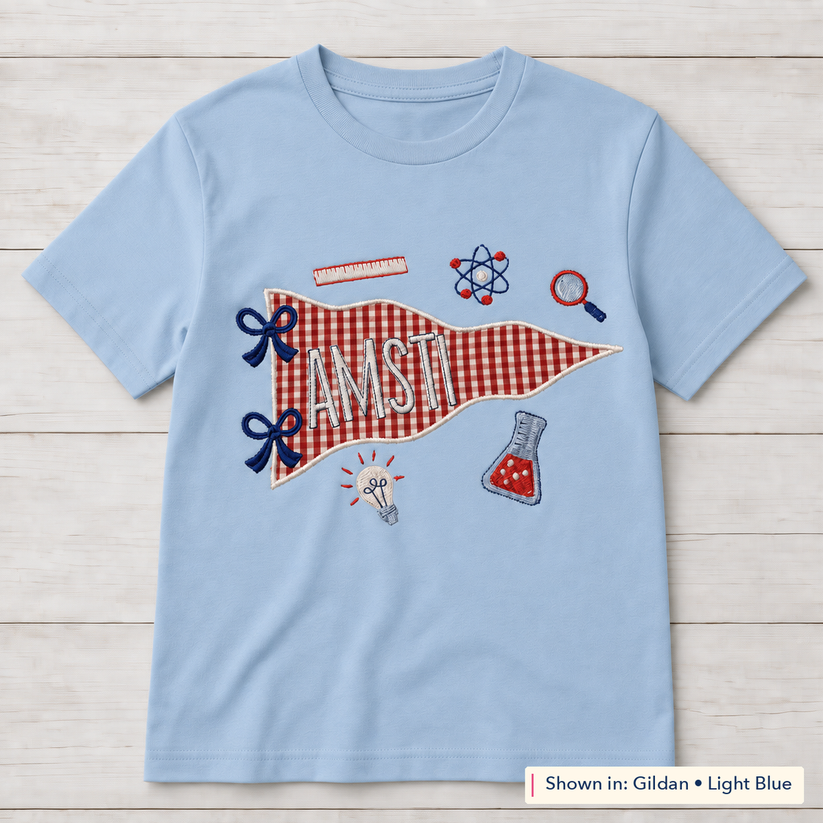 Gingham Science Pennant Tee. Shown in: Gildan • Light Blue.
