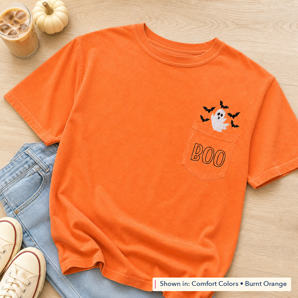 BOO Ghost Embroidered Comfort Colors Pocket Tee. Shown in: Comfort Colors • Burnt Orange.