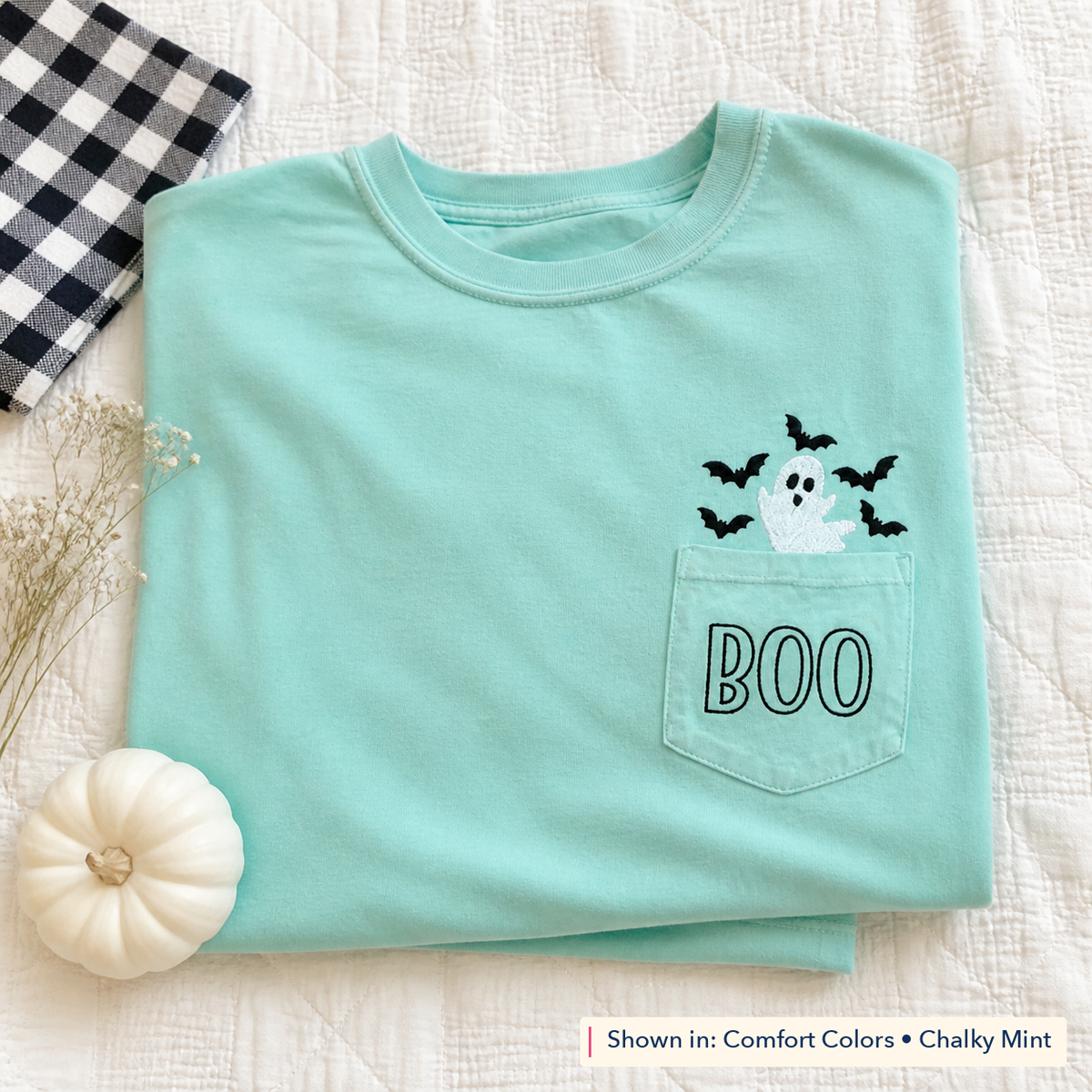 BOO Ghost Embroidered Comfort Colors Pocket Tee. Shown in: Comfort Colors • Chalky Mint.