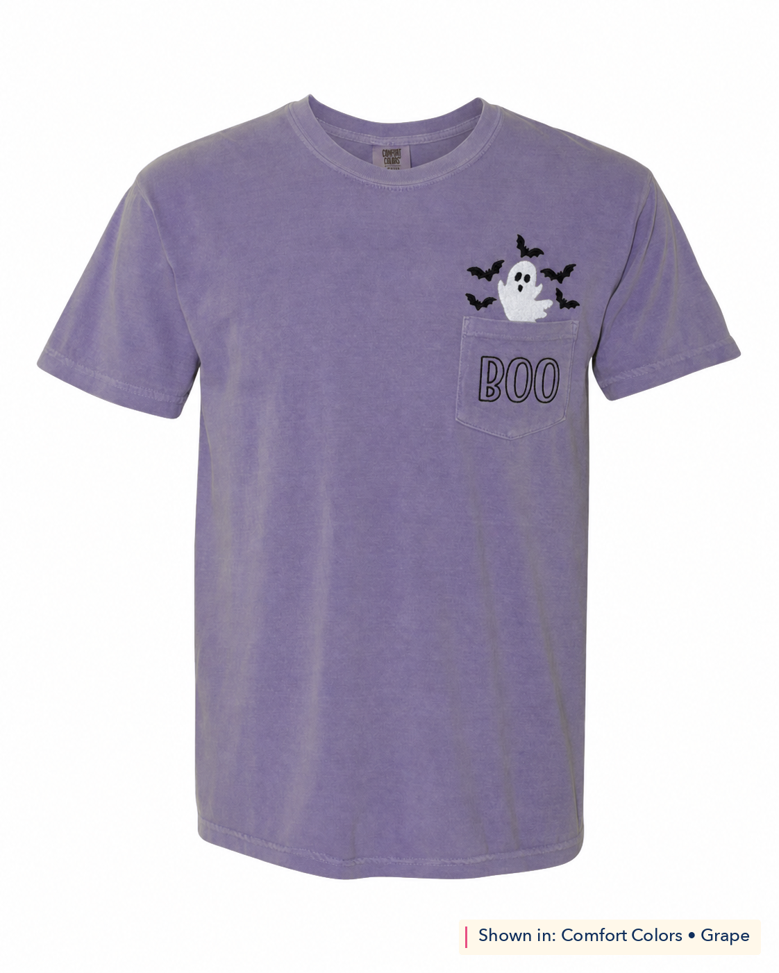 BOO Ghost Embroidered Comfort Colors Pocket Tee. Shown in: Comfort Colors • Grape.