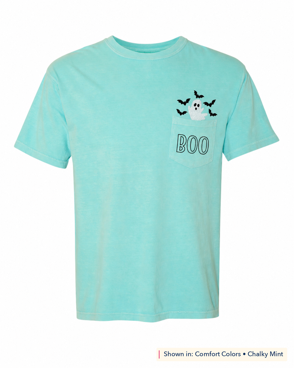 BOO Ghost Embroidered Comfort Colors Pocket Tee. Shown in: Comfort Colors • Chalky Mint.