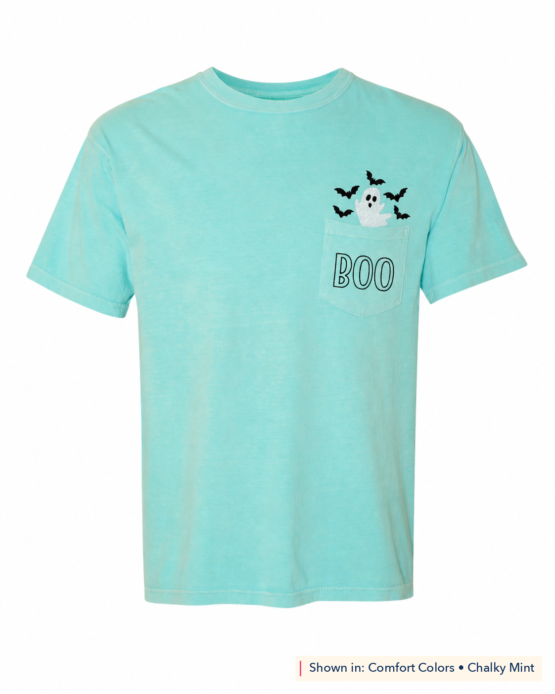 BOO Ghost Embroidered Comfort Colors Pocket Tee. Shown in: Comfort Colors • Chalky Mint.