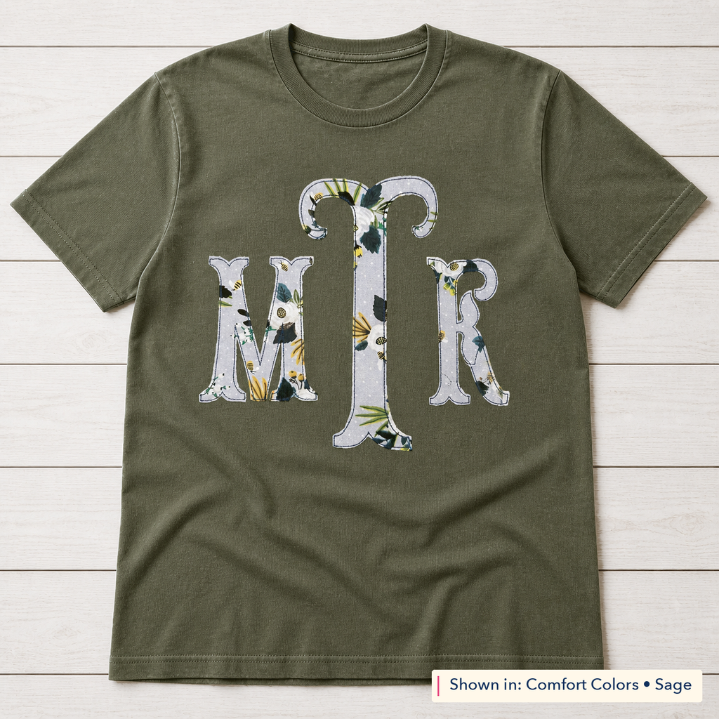 Botanical Floral Serif Monogram Tee. Shown in: Comfort Colors • Sage.