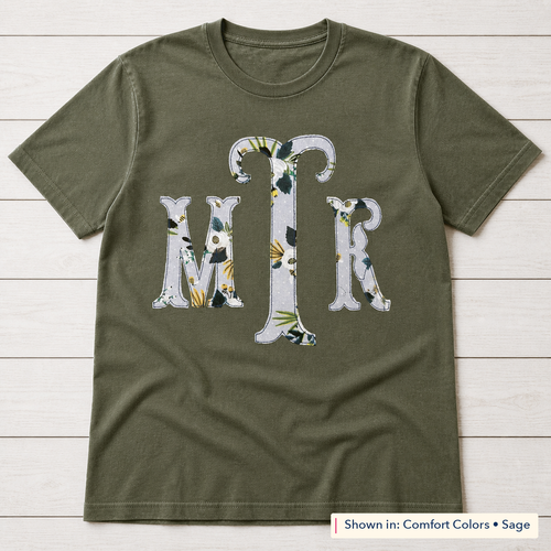 Botanical Floral Serif Monogram Tee. Shown in: Comfort Colors • Sage.