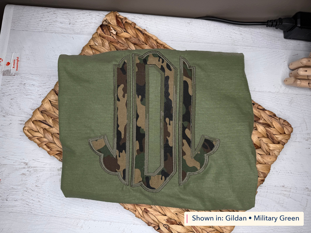 Camo Circle Monogram Tee. Shown in: Gildan • Military Green.