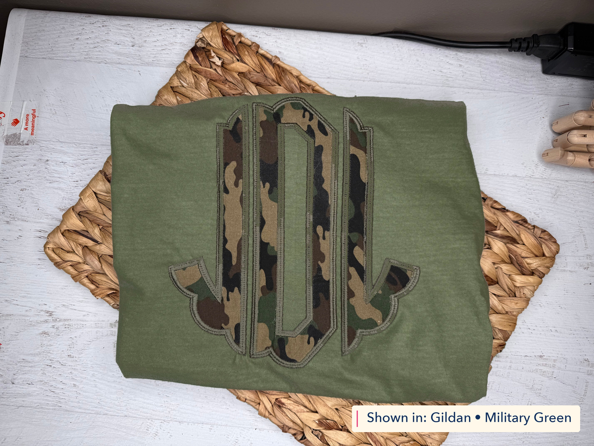 Camo Circle Monogram Tee. Shown in: Gildan • Military Green.