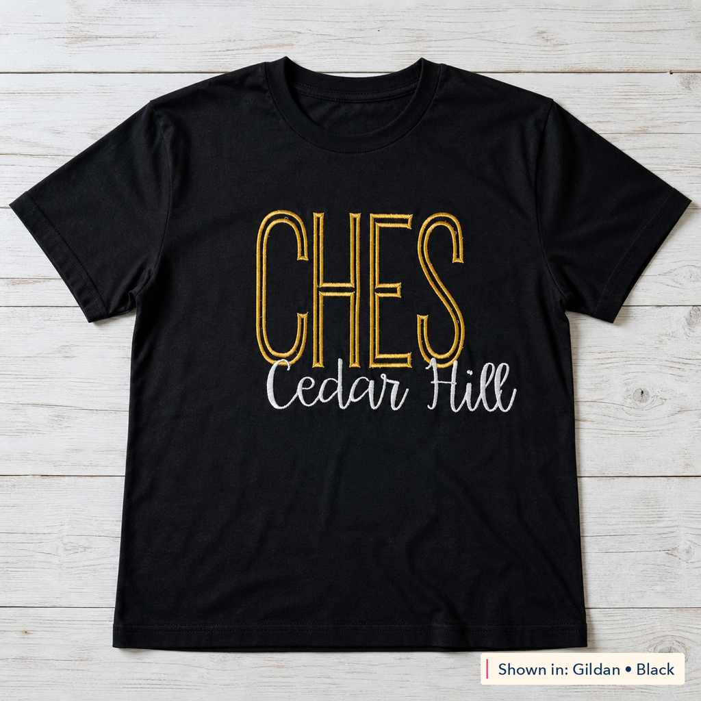 School Initials & Script Tee. Shown in: Gildan • Black.