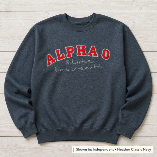 Arched Varsity Lettering Sweatshirt. Shown in: Independent • Heather Classic Navy.