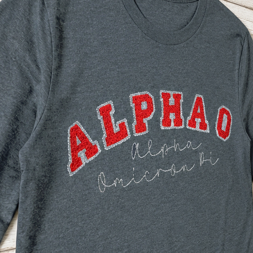 Arched Varsity Lettering Long-Sleeve Tee. Shown in: Gildan • Heather Dark Gray.