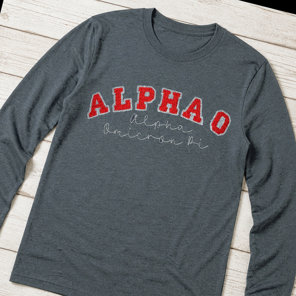 Arched Varsity Lettering Long-Sleeve Tee. Shown in: Gildan • Heather Dark Gray.
