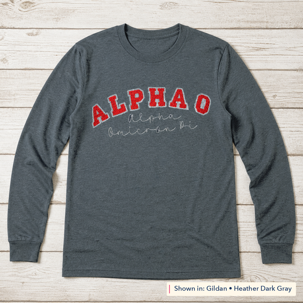 Arched Varsity Lettering Long-Sleeve Tee. Shown in: Gildan • Heather Dark Gray.