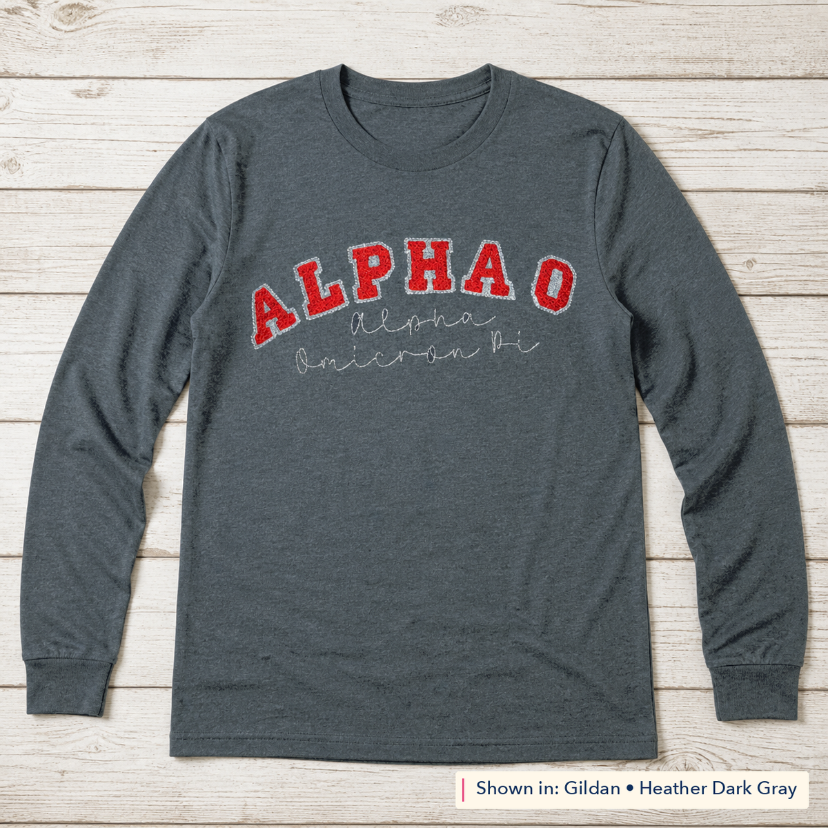 Arched Varsity Lettering Long-Sleeve Tee. Shown in: Gildan • Heather Dark Gray.