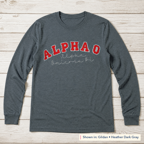 Arched Varsity Lettering Long-Sleeve Tee. Shown in: Gildan • Heather Dark Gray.