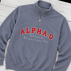 Arched Varsity Lettering Quarter-Zip. Shown in: Gildan • Heather Dark Navy.
