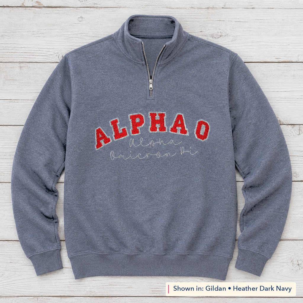 Arched Varsity Lettering Quarter-Zip. Shown in: Gildan • Heather Dark Navy.