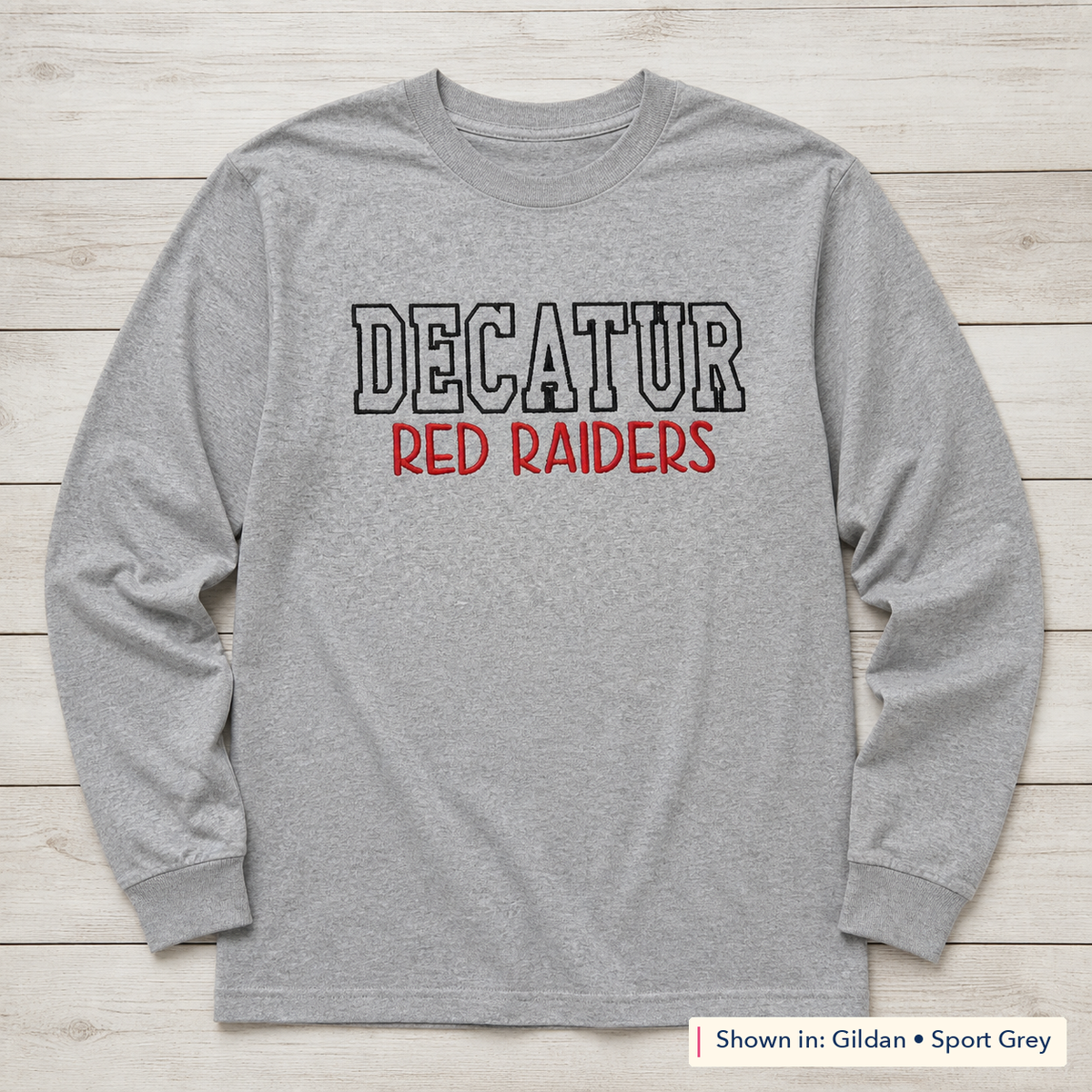 Team Name Outline Long-Sleeve Tee. Shown in: Gildan • Sport Grey.