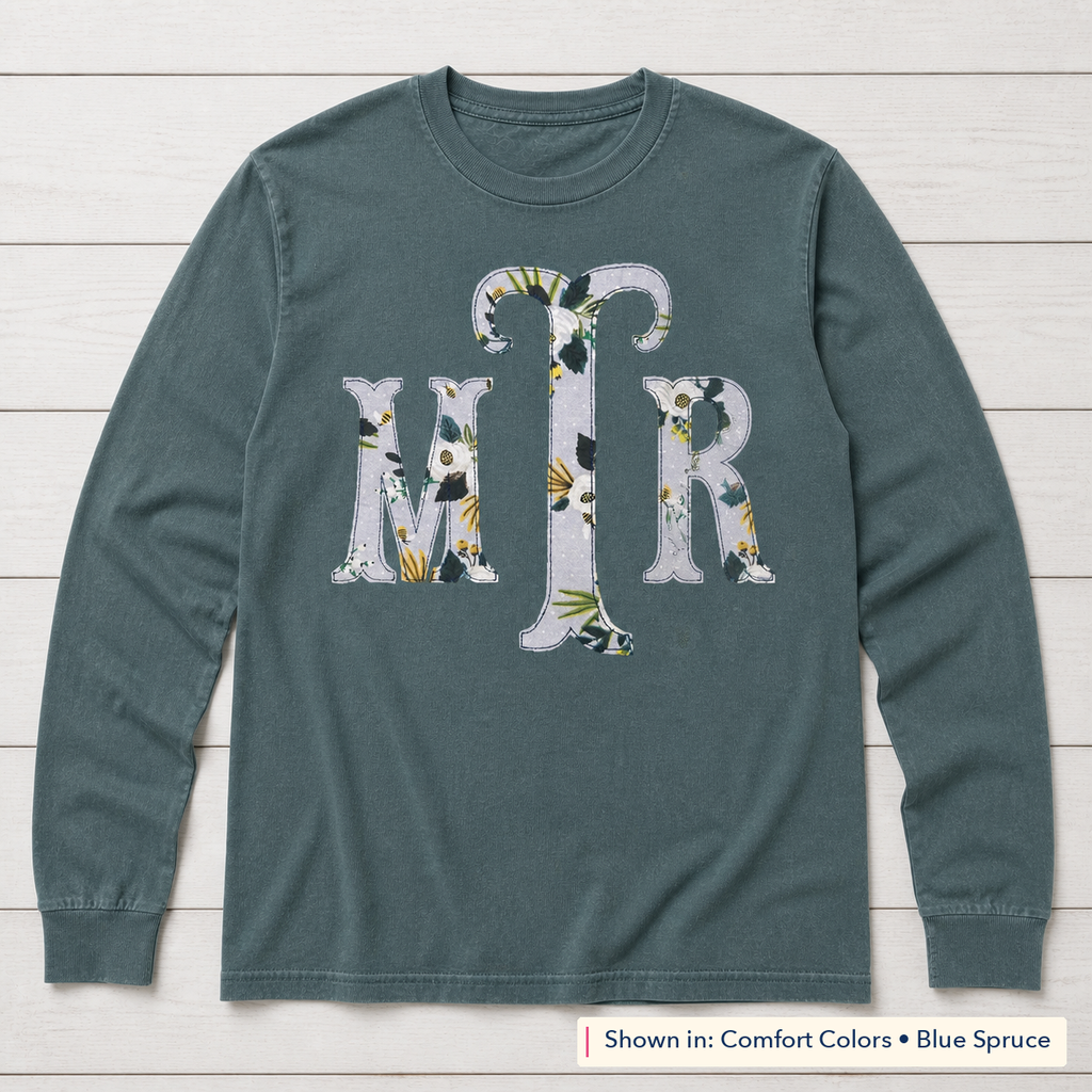 Botanical Floral Serif Monogram Long-Sleeve Tee. Shown in: Comfort Colors • Blue Spruce.