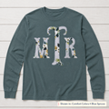 Botanical Floral Serif Monogram Long-Sleeve Tee. Shown in: Comfort Colors • Blue Spruce.
