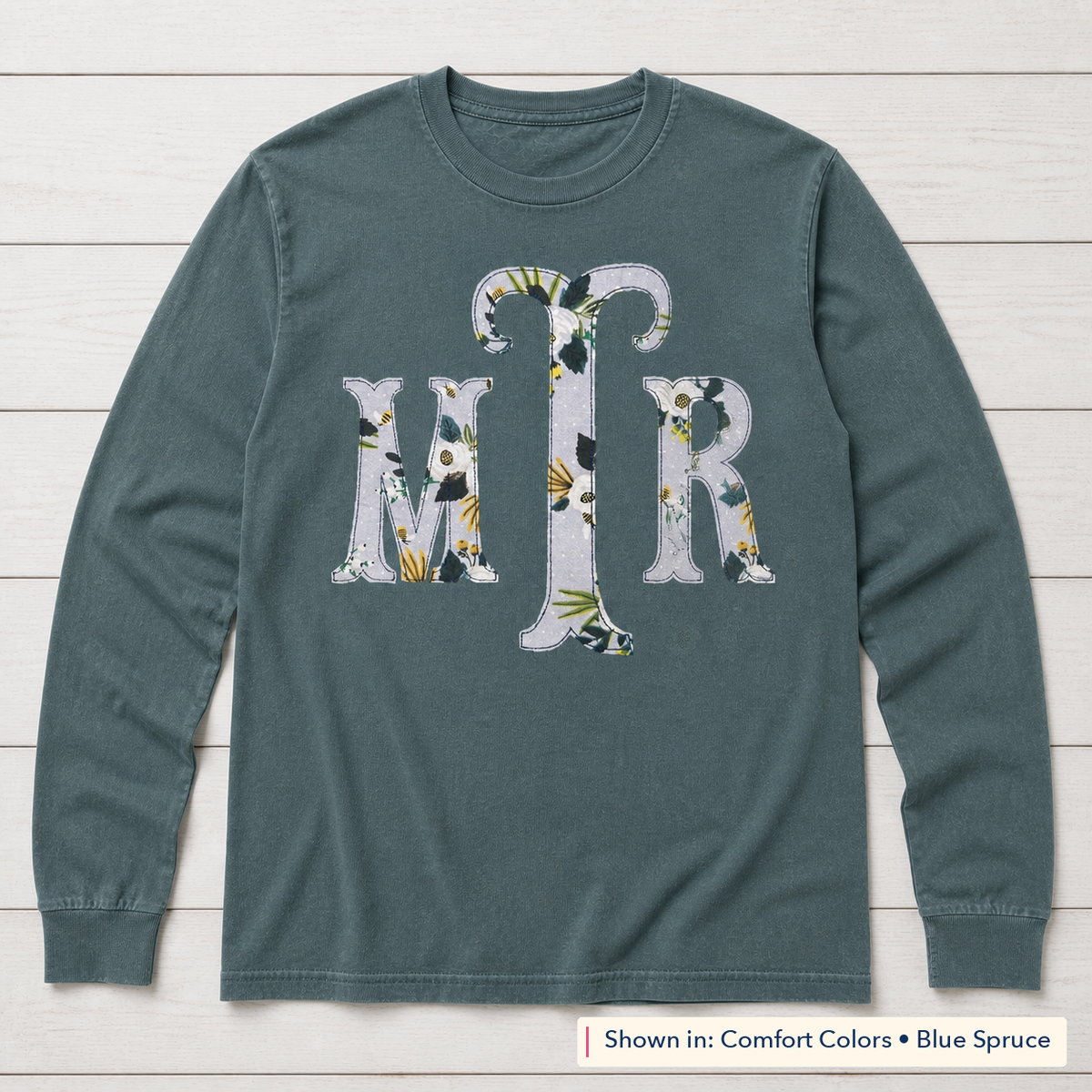 Botanical Floral Serif Monogram Long-Sleeve Tee. Shown in: Comfort Colors • Blue Spruce.