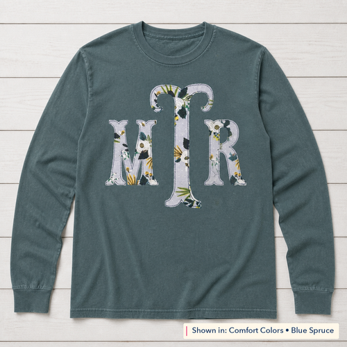 Botanical Floral Serif Monogram Long-Sleeve Tee. Shown in: Comfort Colors • Blue Spruce.