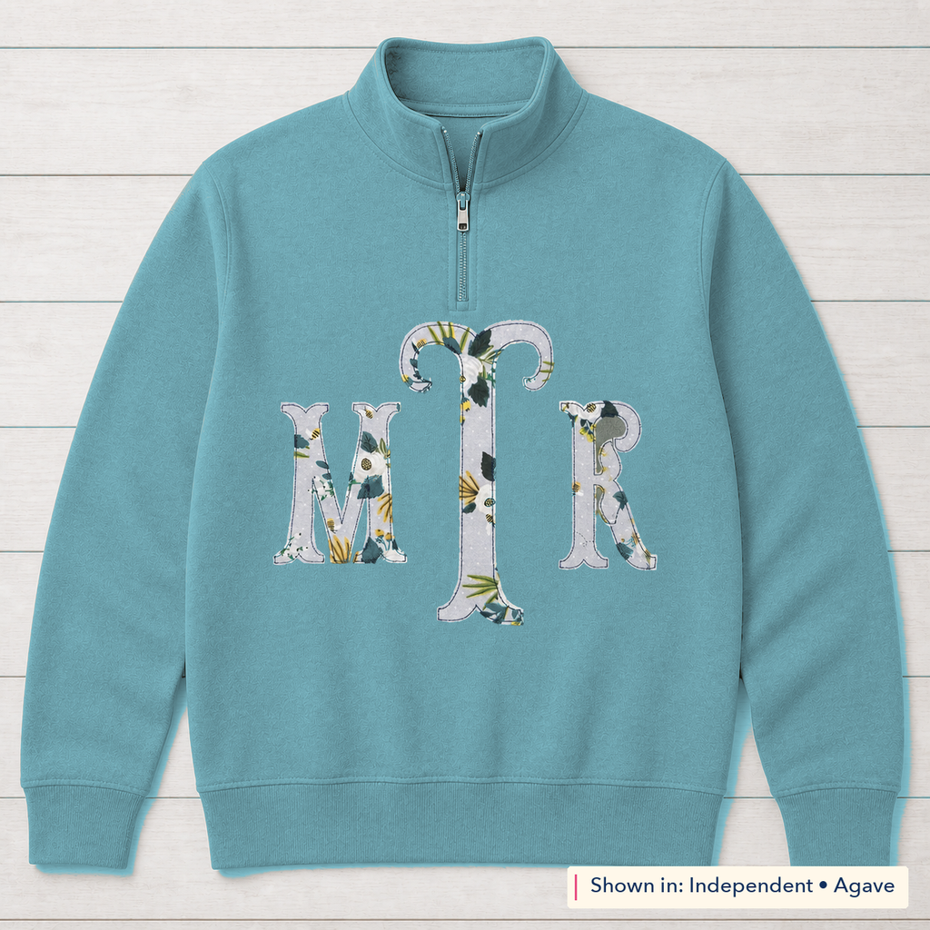 Botanical Floral Serif Monogram Quarter-Zip. Shown in: Independent • Agave.