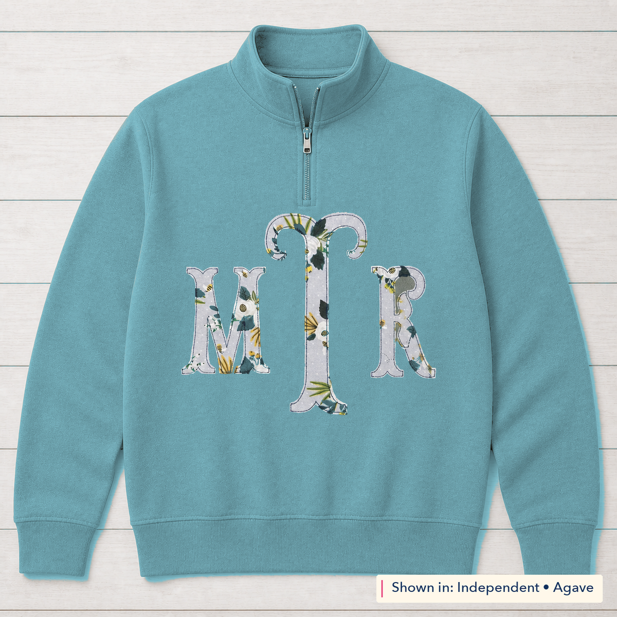 Botanical Floral Serif Monogram Quarter-Zip. Shown in: Independent • Agave.