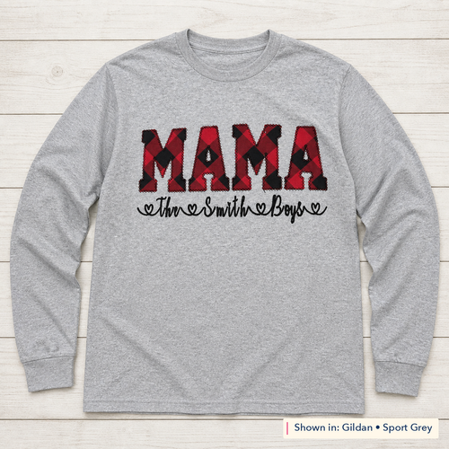 Buffalo Plaid Lettering & Family Names Long-Sleeve Tee. Shown in: Gildan • Sport Grey.
