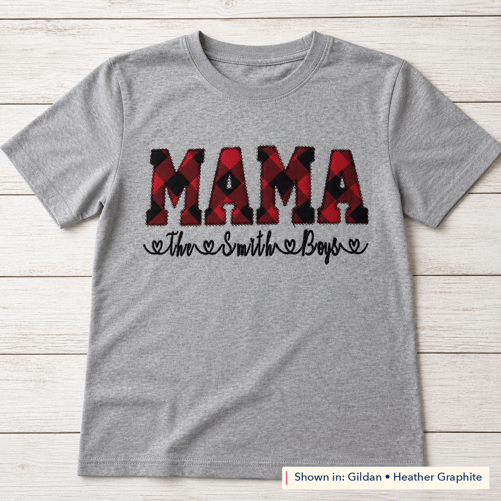 Buffalo Plaid Lettering & Family Names Tee. Shown in: Gildan • Heather Graphite.