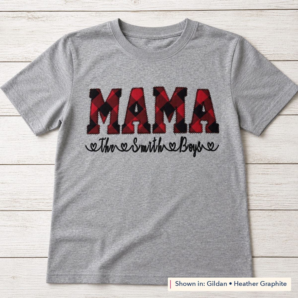 Buffalo Plaid Lettering & Family Names Tee. Shown in: Gildan • Heather Graphite.