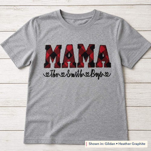 Buffalo Plaid Lettering & Family Names Tee. Shown in: Gildan • Heather Graphite.