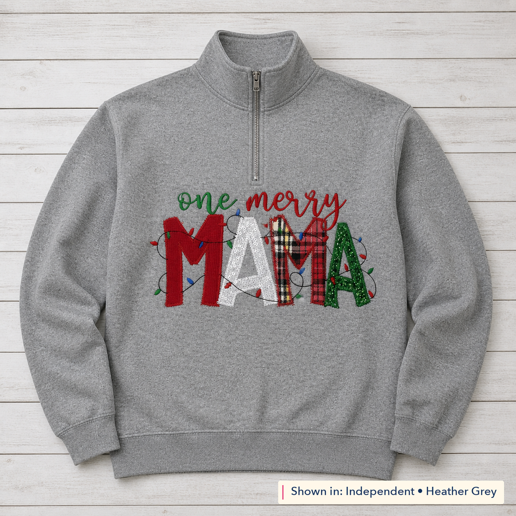 One Merry Mama Christmas Lights Quarter-Zip. Shown in: Independent • Heather Grey.