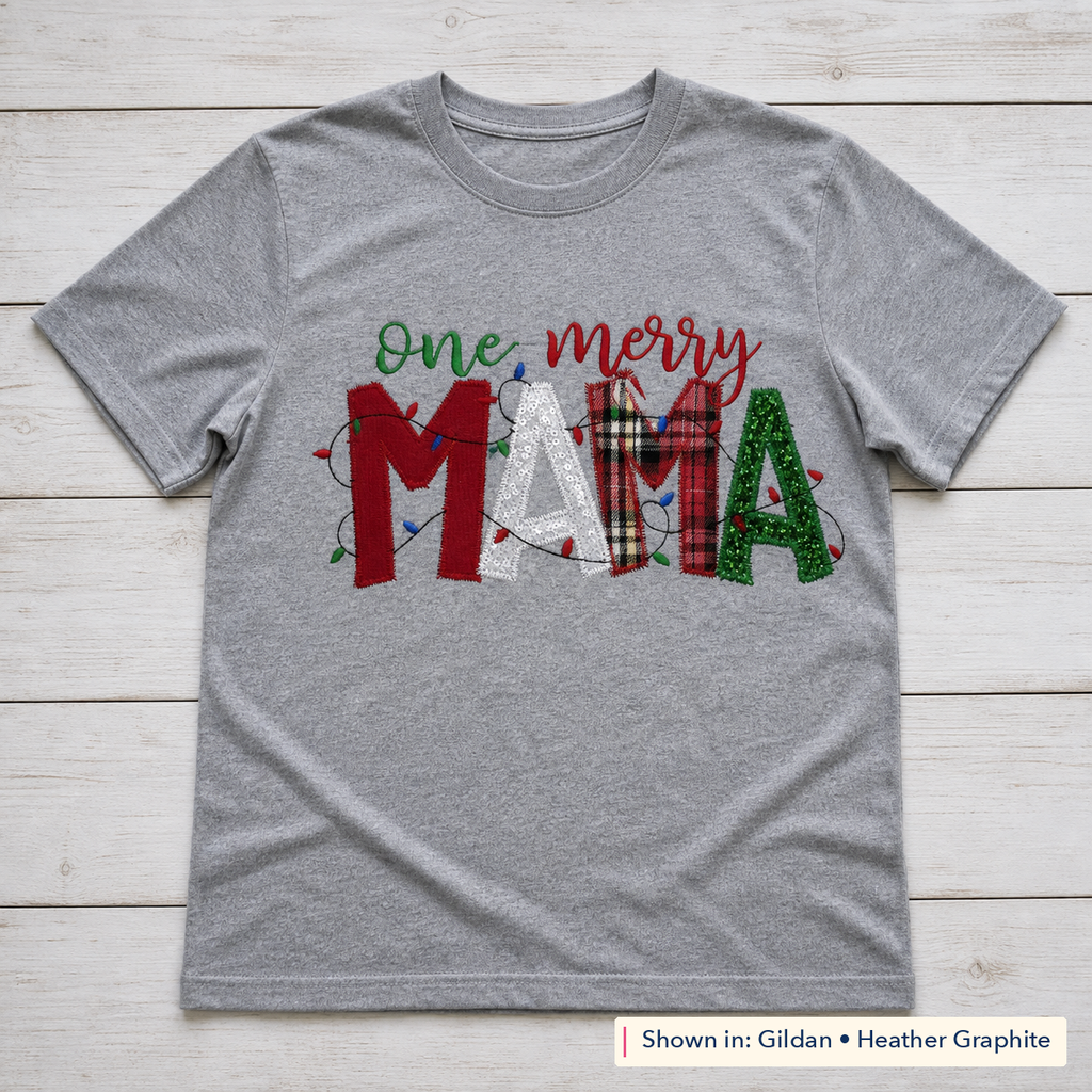 One Merry Mama Christmas Lights Tee. Shown in: Gildan • Heather Graphite.