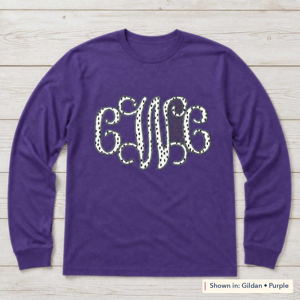 Black & White Dot Vine Monogram Long-Sleeve Tee. Shown in: Gildan • Purple.