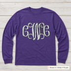 Black & White Dot Vine Monogram Long-Sleeve Tee. Shown in: Gildan • Purple.