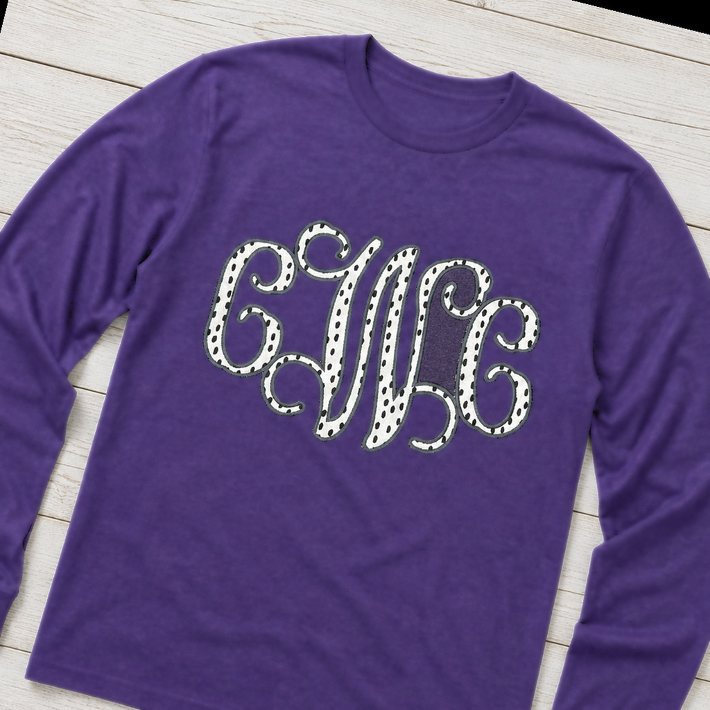 Black & White Dot Vine Monogram Long-Sleeve Tee. Shown in: Gildan • Purple.