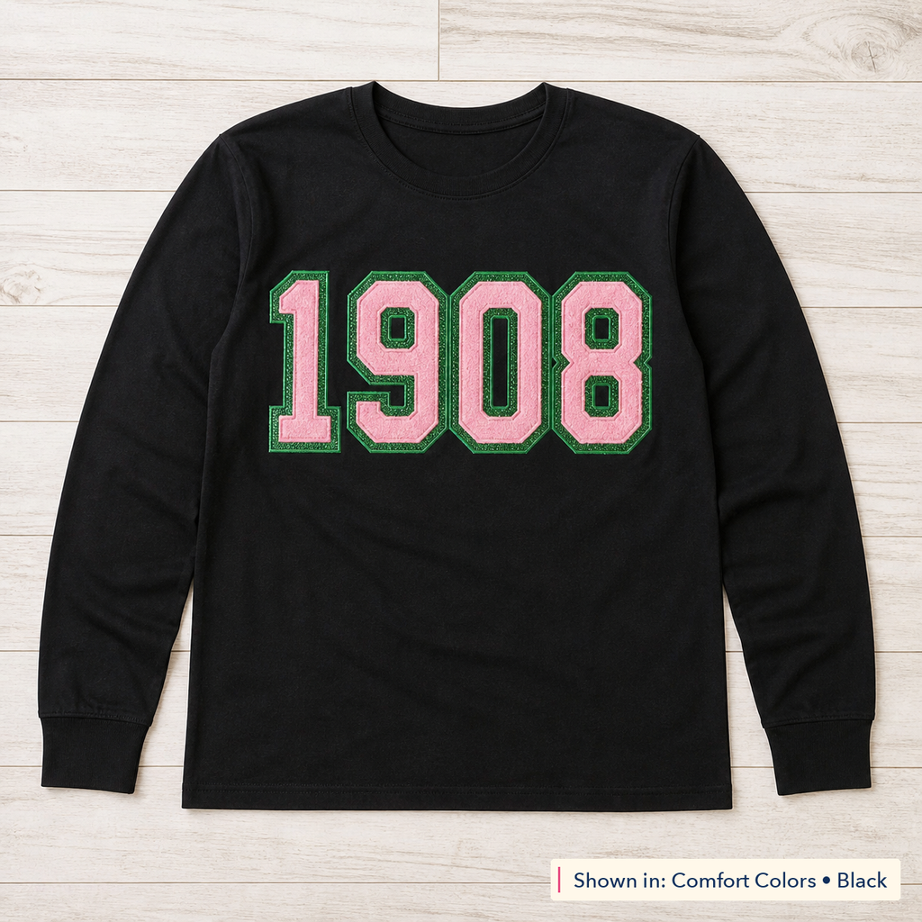 Faux Chenille & Glitter Lettering Long-Sleeve Tee. Shown in: Comfort Colors • Black.