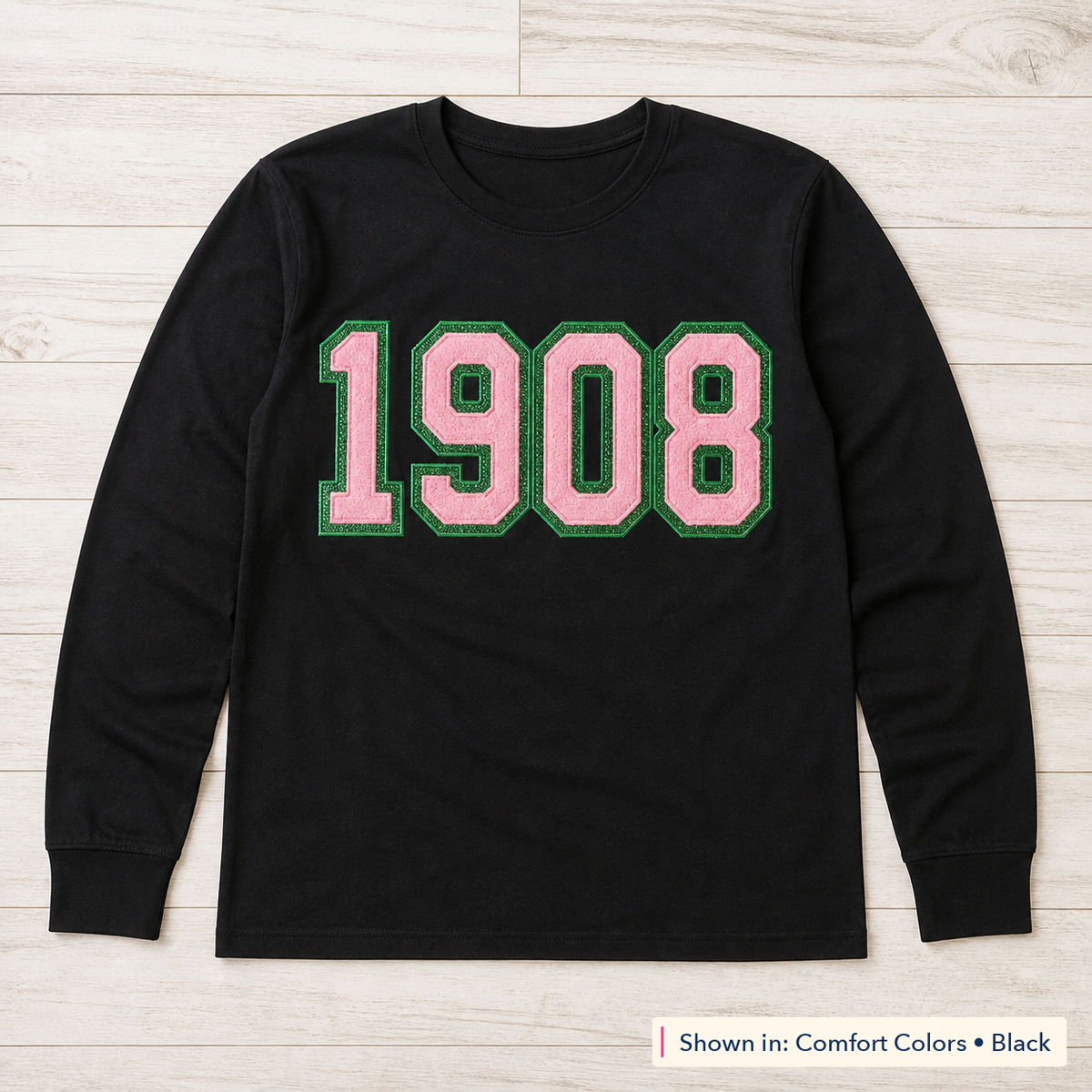 Faux Chenille & Glitter Lettering Long-Sleeve Tee. Shown in: Comfort Colors • Black.