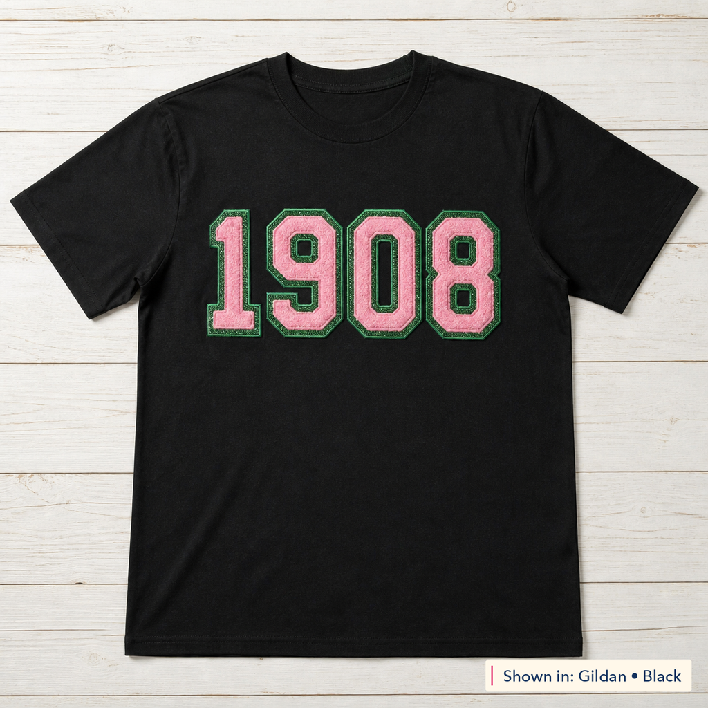 Faux Chenille & Glitter Lettering Tee. Shown in: Gildan • Black.