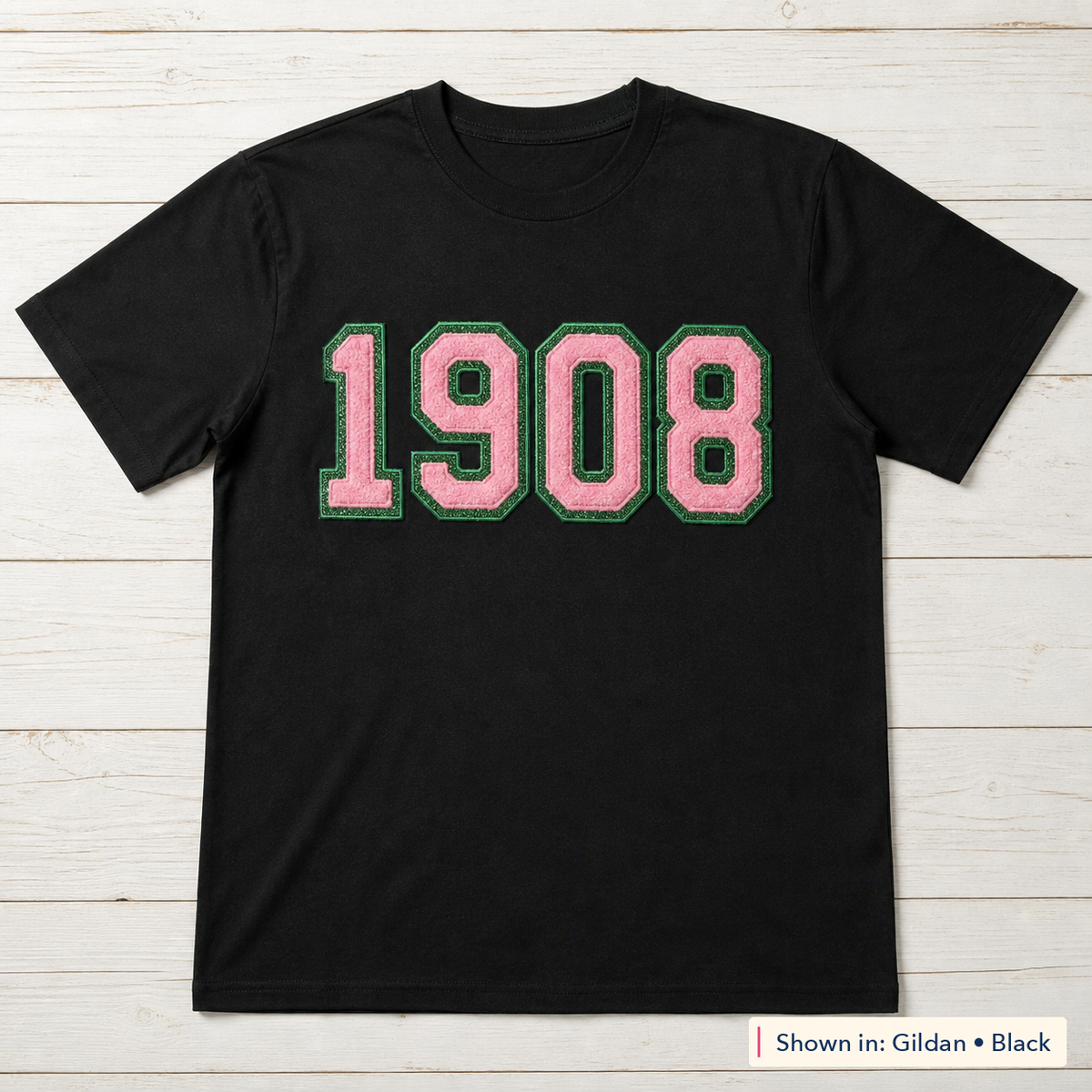 Faux Chenille & Glitter Lettering Tee. Shown in: Gildan • Black.