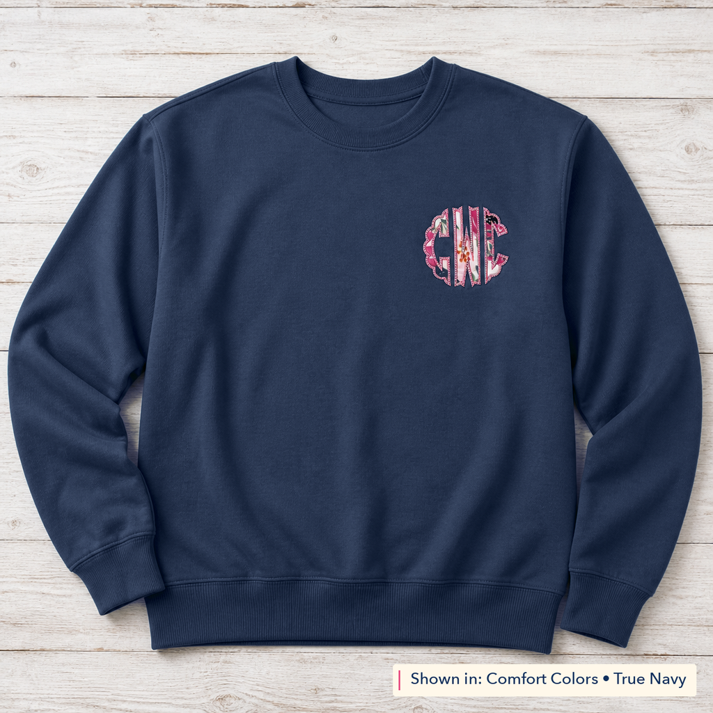 Pink Floral Chest Monogram Sweatshirt. Shown in: Comfort Colors • True Navy.