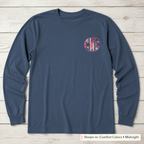 Pink Floral Chest Monogram Long-Sleeve Tee. Shown in: Comfort Colors • Midnight.